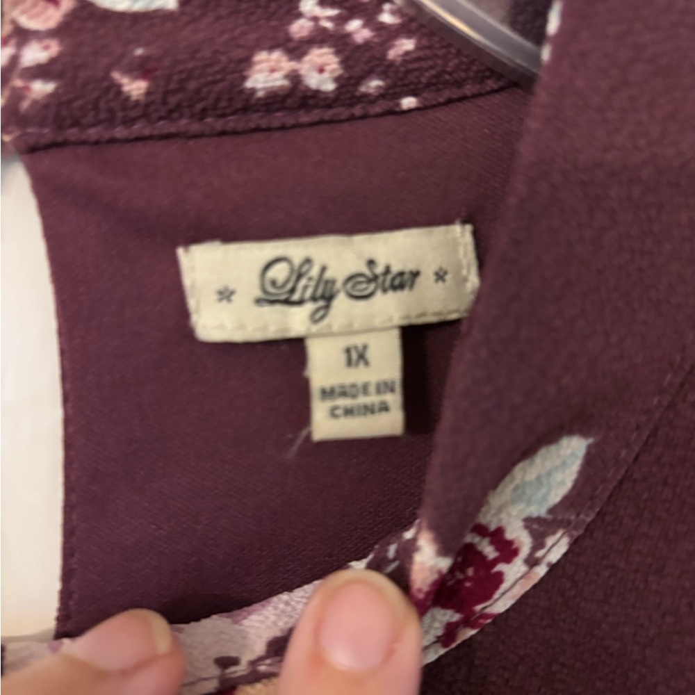 Burgundy Floral Skater Dress Bell Sleeves Keyhole Neck Plus Size 1X - Picture 9 of 13